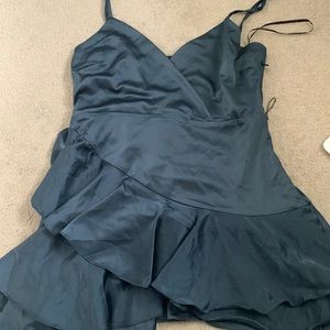 blue satin dress with spaghetti straps